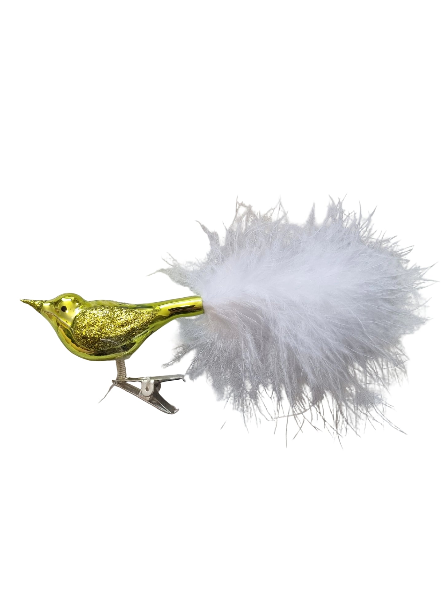 Colorful bird-shaped glass Christmas ornament on a clip