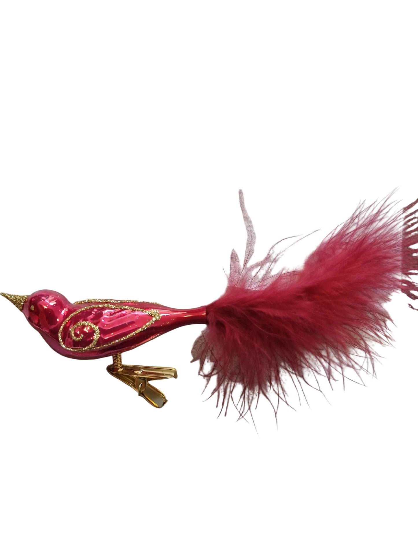 Red bird-shaped Christmas ornament with feathers 