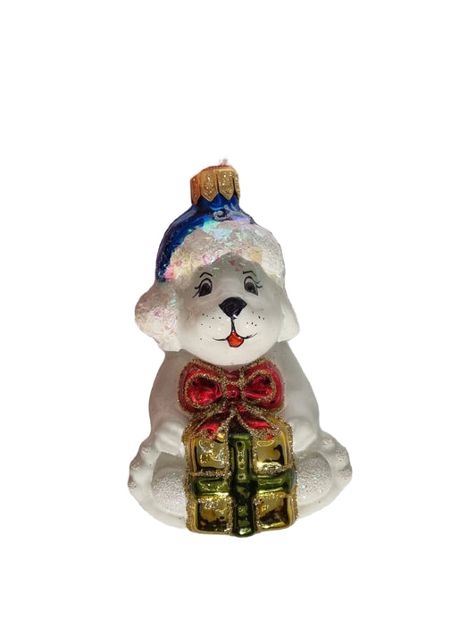 European Glass Christmas ornament of a Dog | with Hat and Present (K)