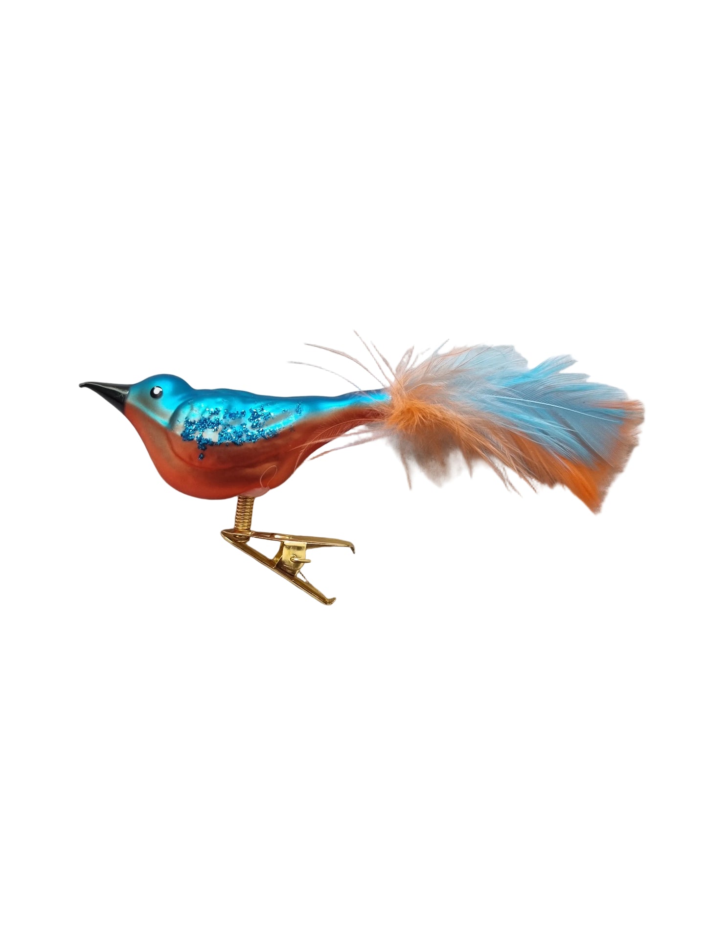 Colorful bird-shaped glass Christmas ornament on a clip