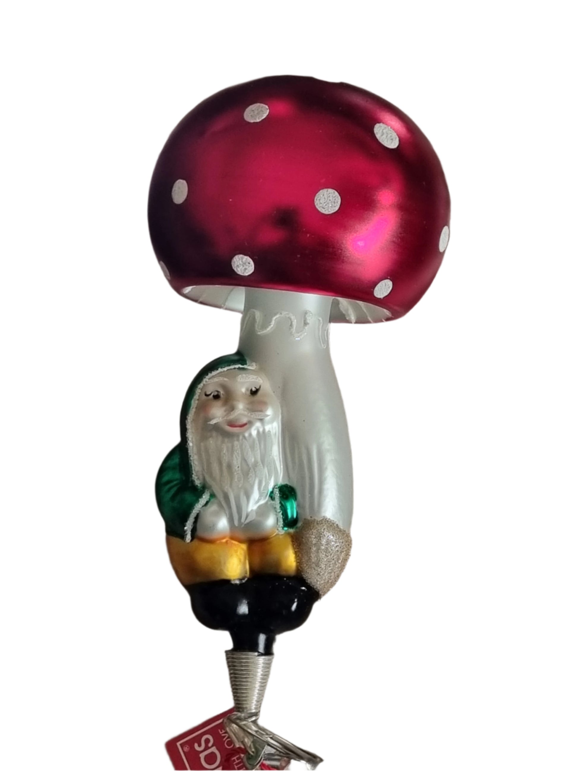 European Glass Christmas ornament of a Gnome with Mushroom Umbrella (P)