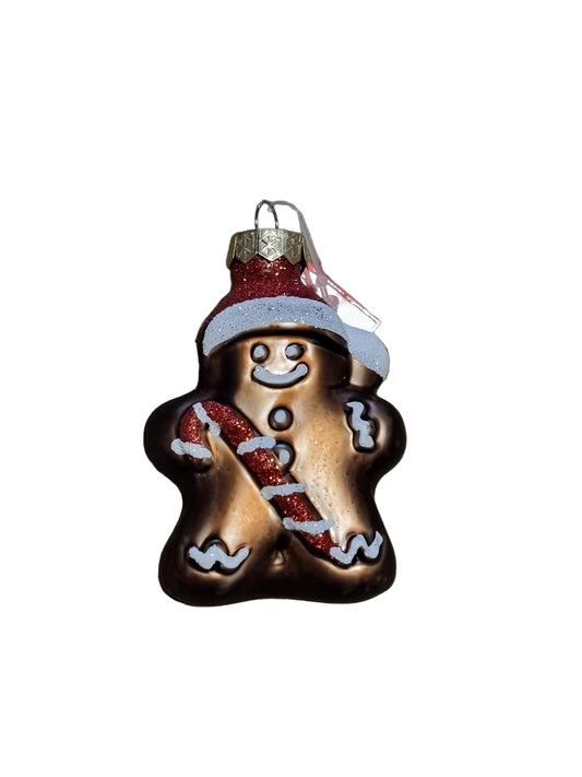 Glass gingerbread man ornament with a candy cane 