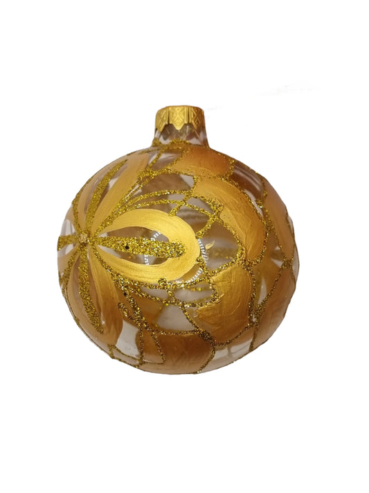 European Glass Christmas ornament of a Bauble | Clear with Gold Frosted Patterns (K)