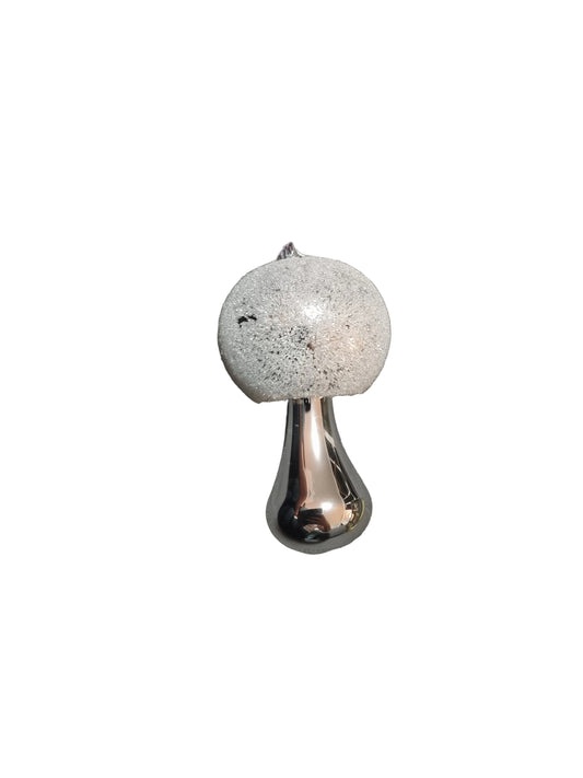 Glass ornament in the shape of a mushroom with a frosted top and silver stem