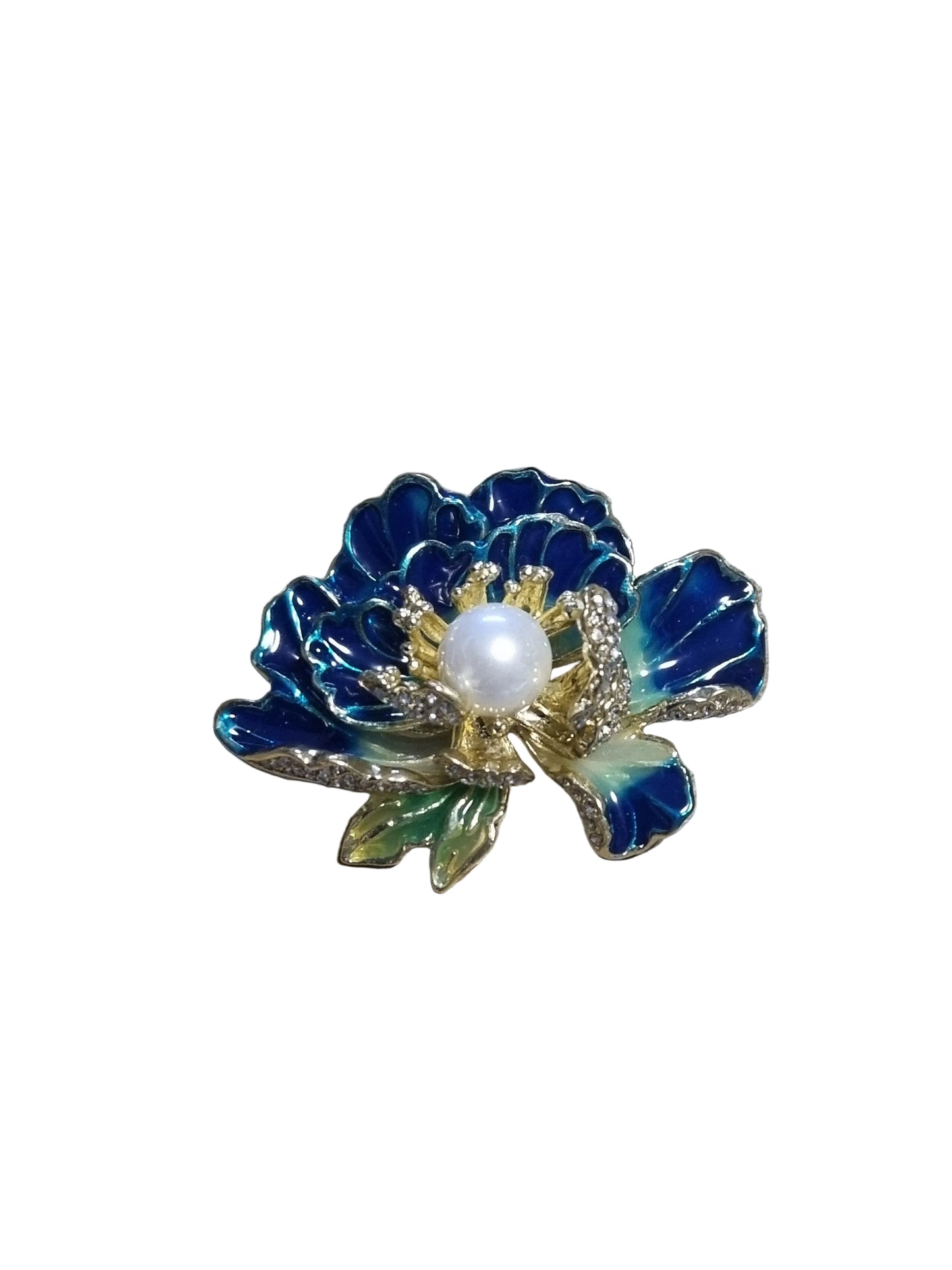 Blue flower-shaped brooch with a pearl center 