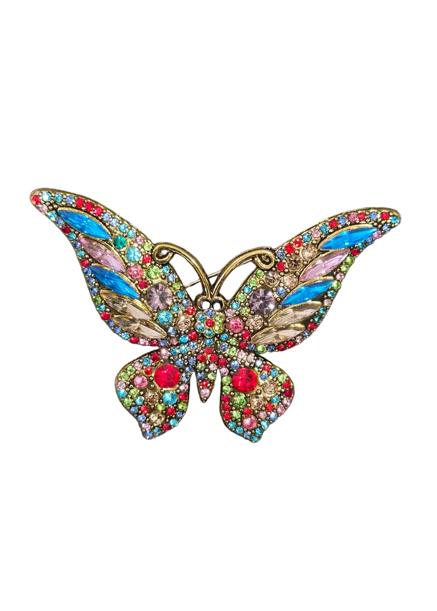 A butterfly-shaped brooch embellished with colorful rhinestones and blue enamel