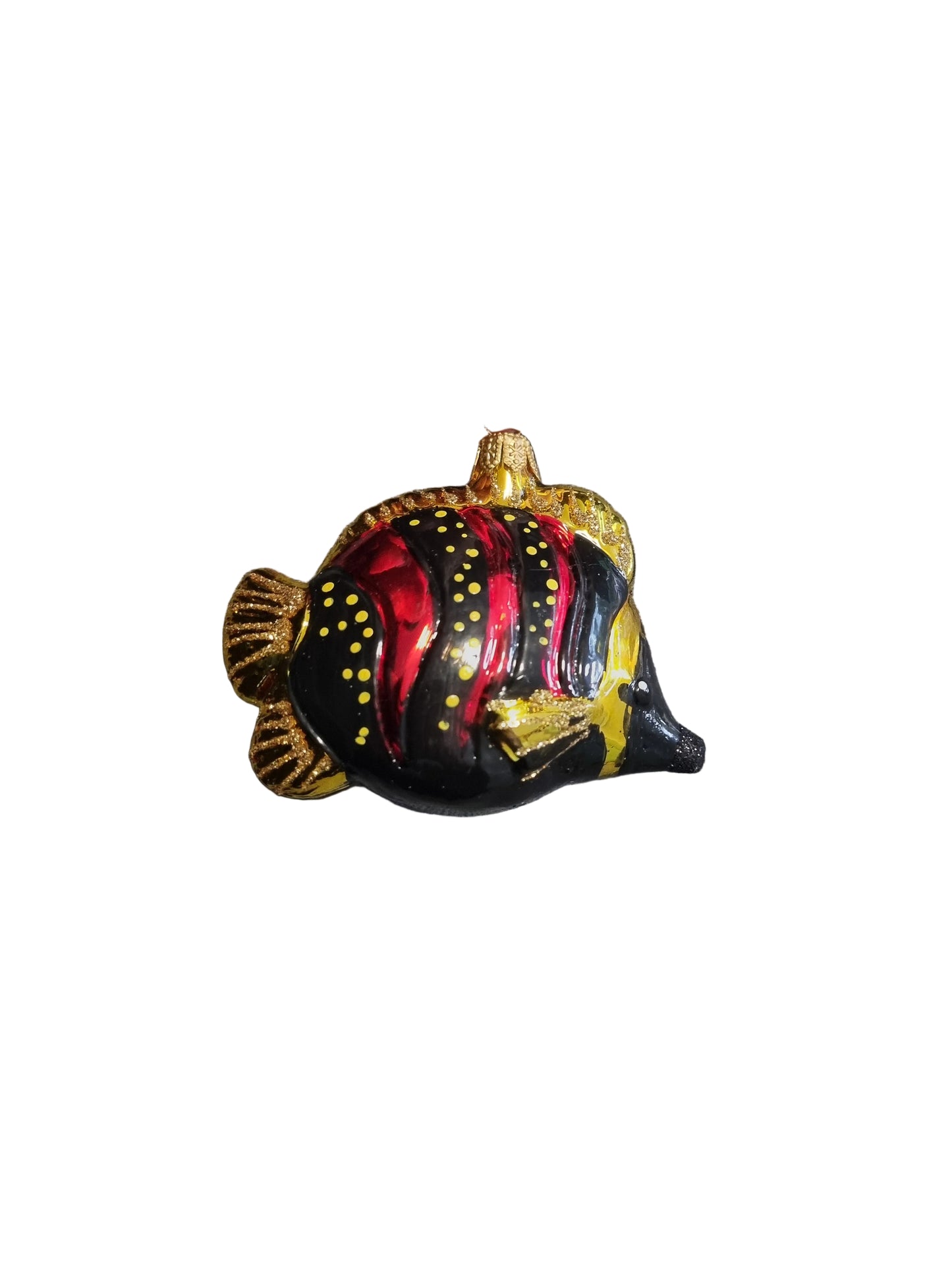 Decorative fish glass Christmas ornament  with red, yellow, and black patterns 