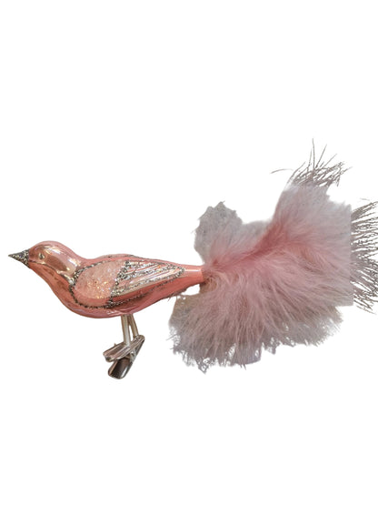 Pink bird-shaped Christmas ornament with feathers 