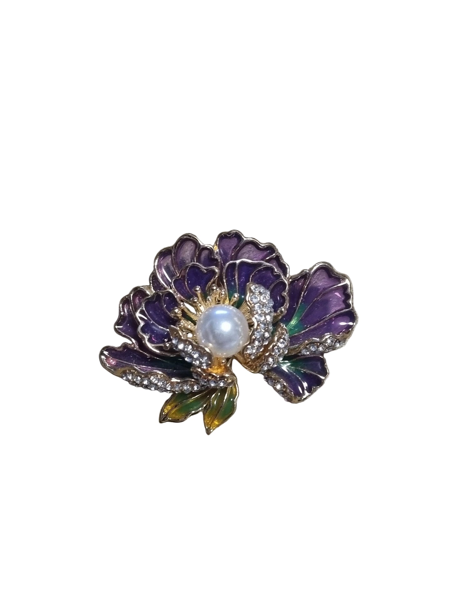 Purple floral brooch with pearl center 