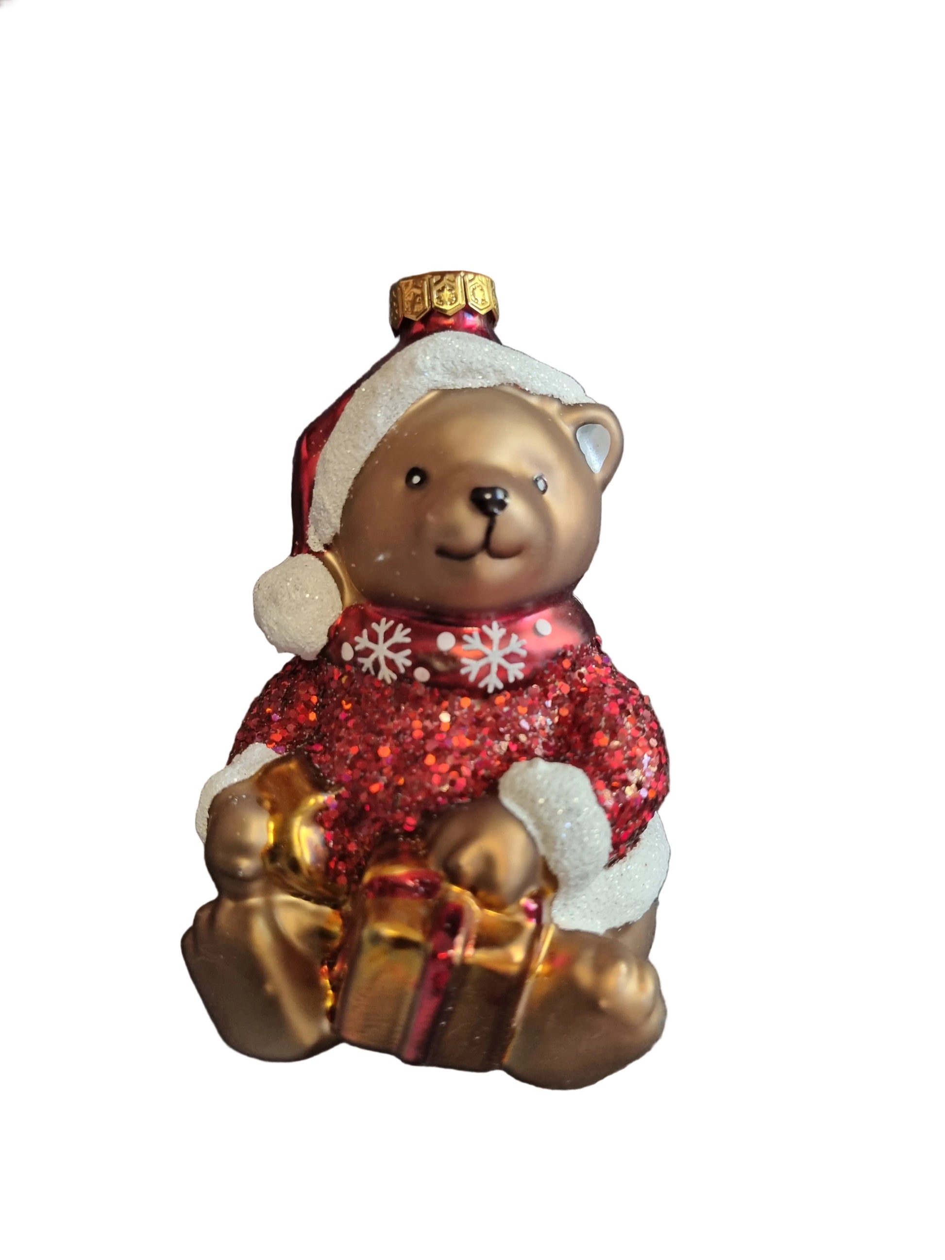 Decorative bear ornament with red sweater and gold accents 