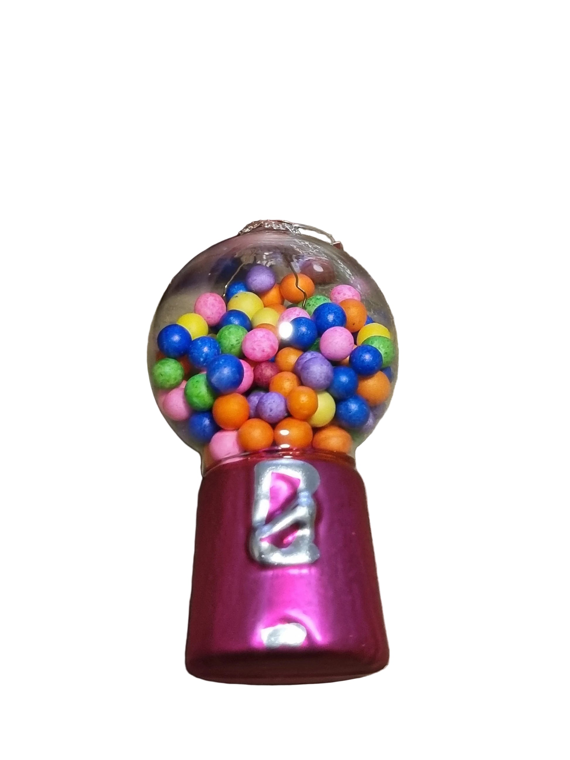 a small gumball machine ornament with colorful gumballs