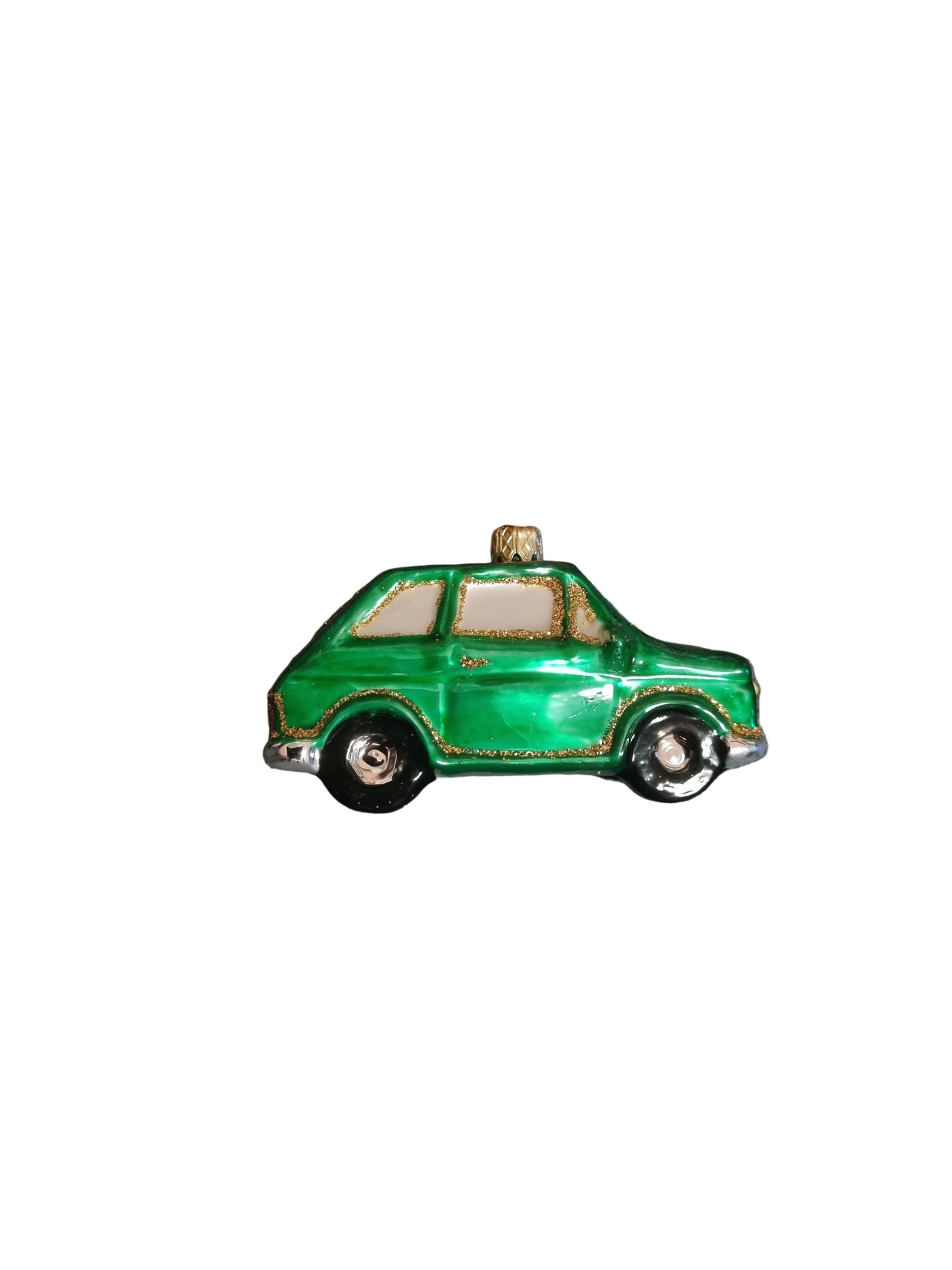 Decorative glass Christmas ornament in the shape of a car, coloured green with glitter windows