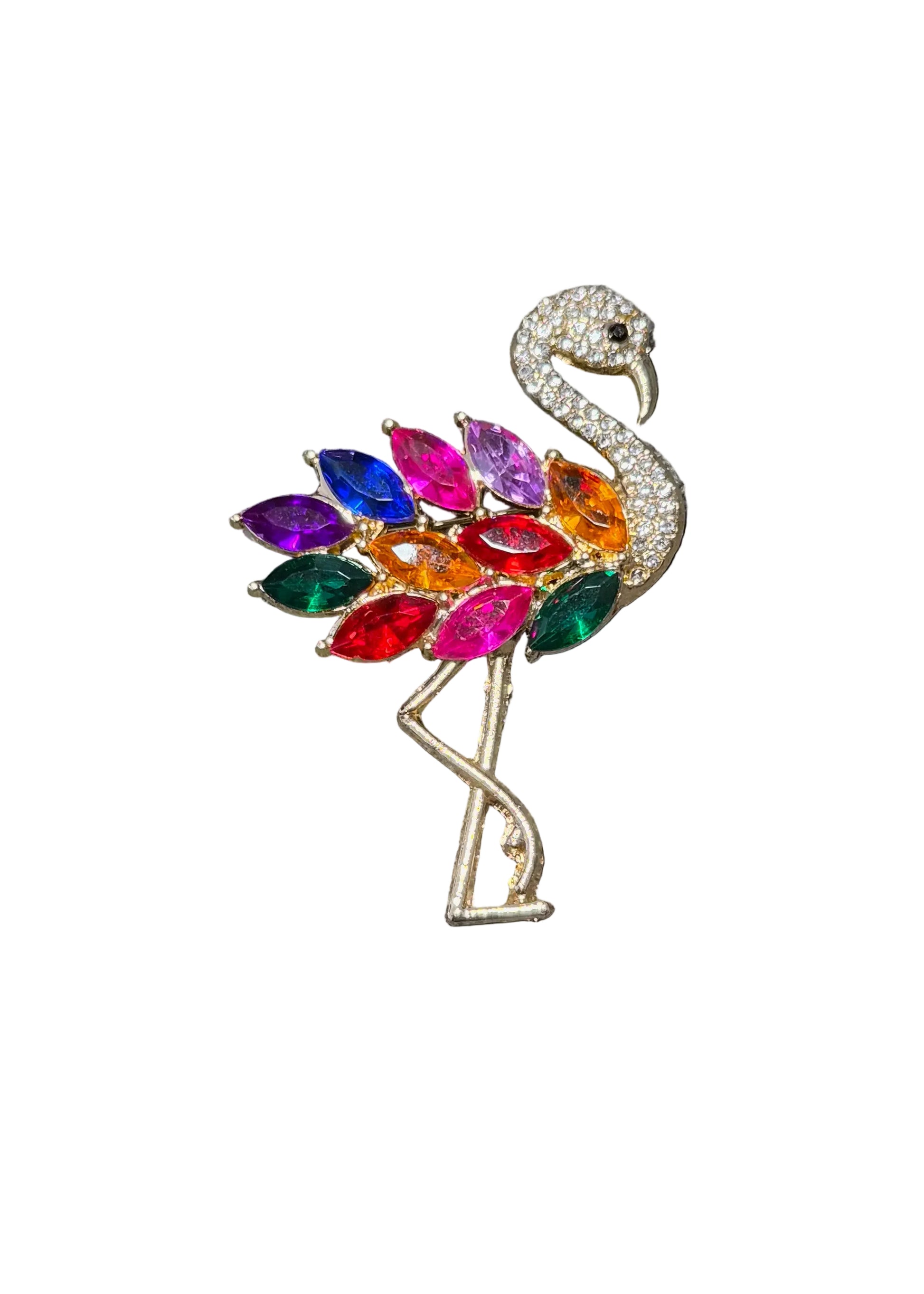 A flamingo-shaped brooch with a silver-tone metal body and a vibrant, multicolored feather pattern