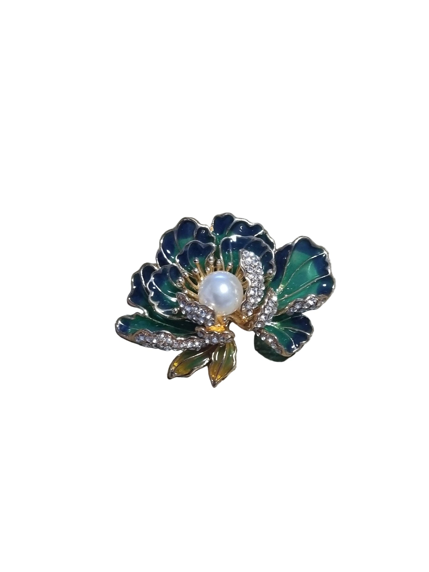 Jewelry brooch with green leaves and pearl center 