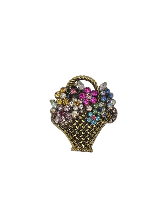 European Glass Christmas ornament of a Gold Flower Basket with Crystal Flowers | Brooch V