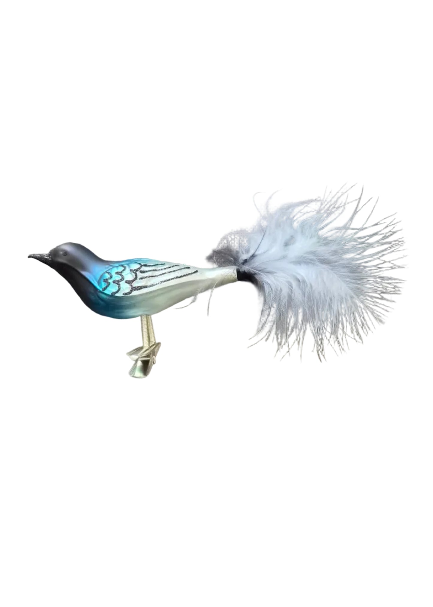 A decorative bird-shaped ornament with a blue and black painted body, white feather detail, and a gold-toned pin clasp.