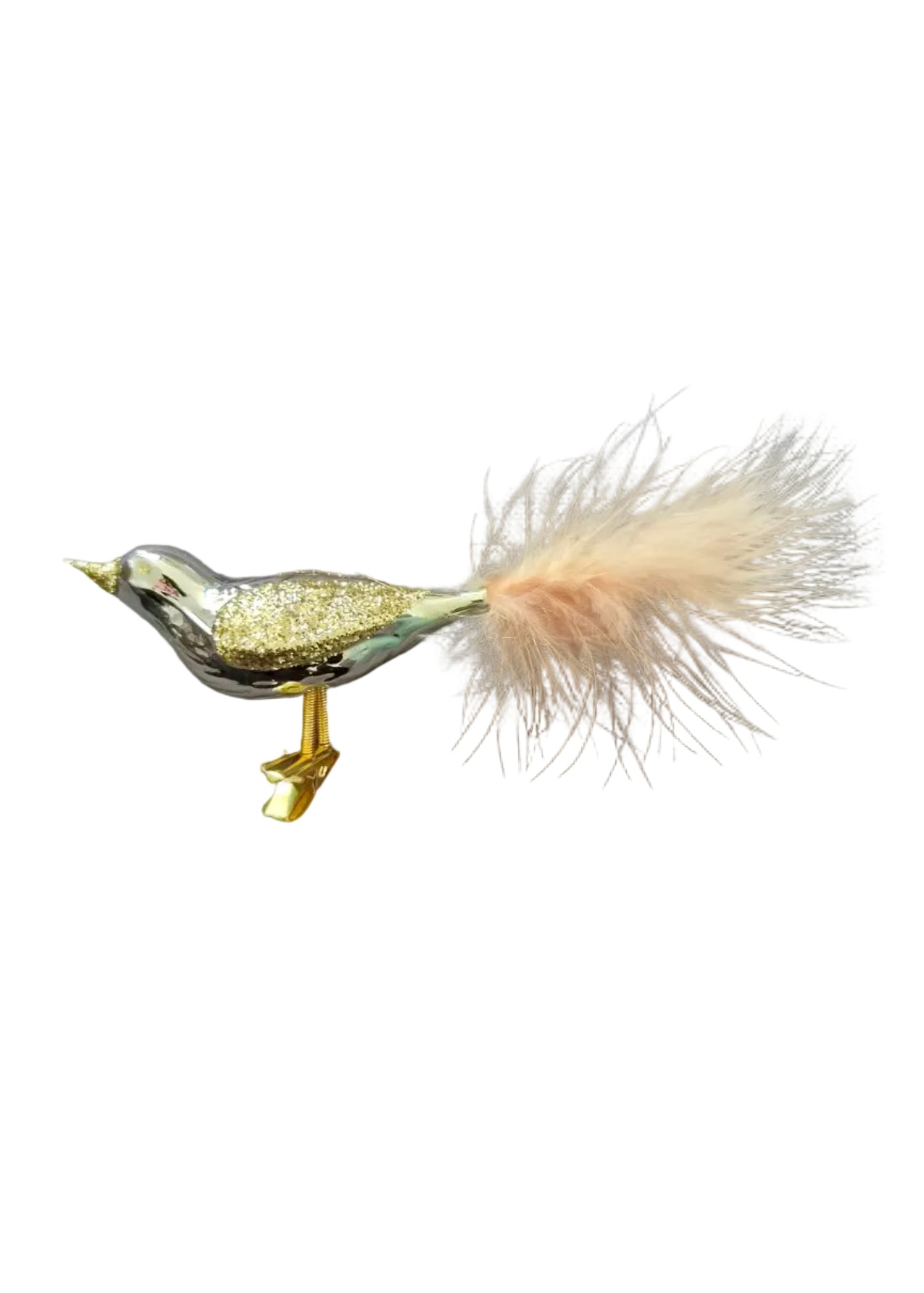 A decorative bird-shaped ornament or figurine with a glittery gold and silver body, yellow legs, and a fluffy pale peach tail