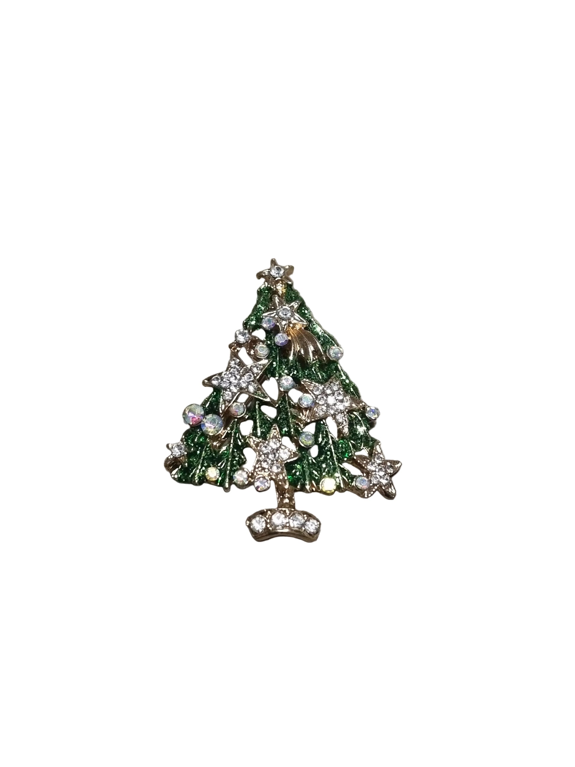 Decorative brooch shaped like a Christmas tree with green and gold colors 