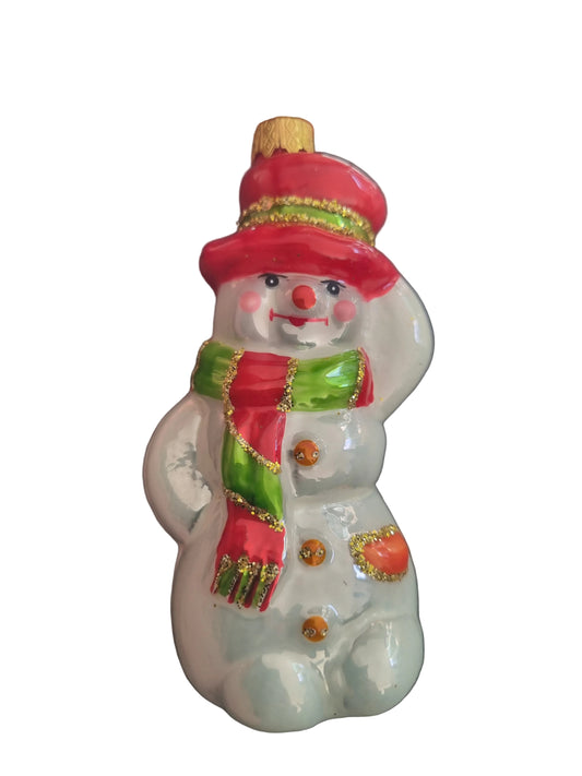 Tall glass snowman with hat and scarf