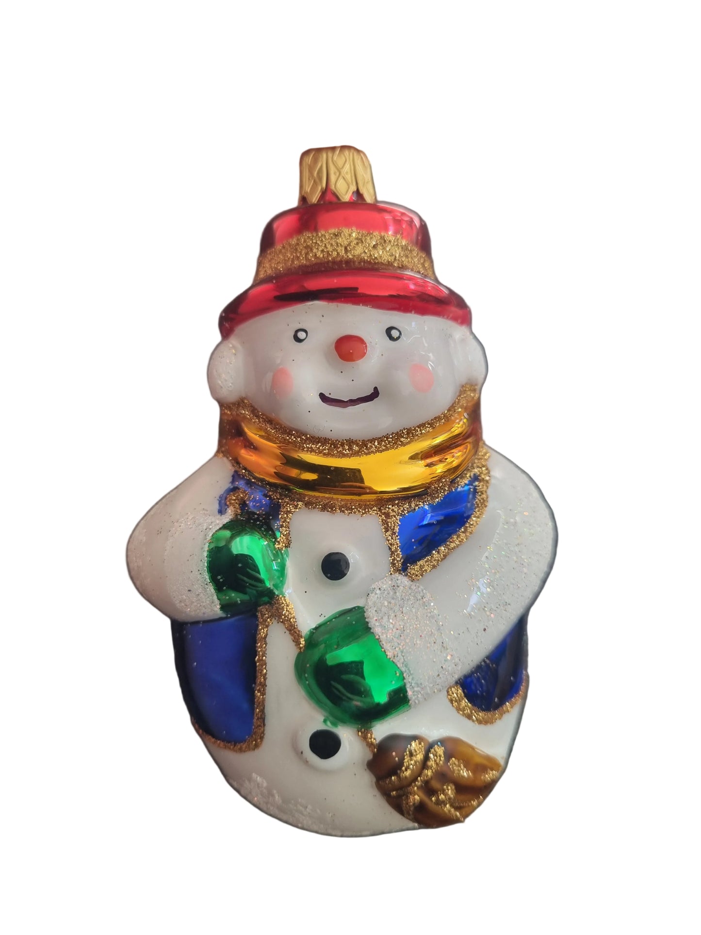Decorative snowman ornament with colorful hat and broom