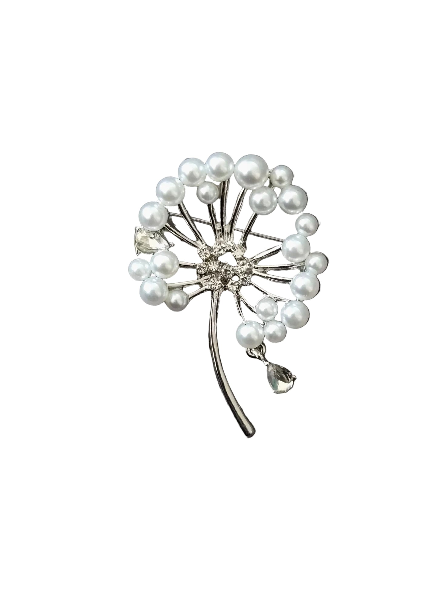 A silver-toned dandelion brooch decorated with white faux pearls and a clear rhinestone center.