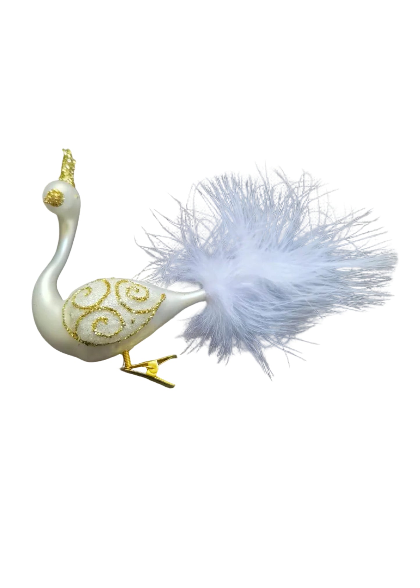 A decorative white swan ornament with gold swirl patterns on its body, a white feather plume, and small gold accents.