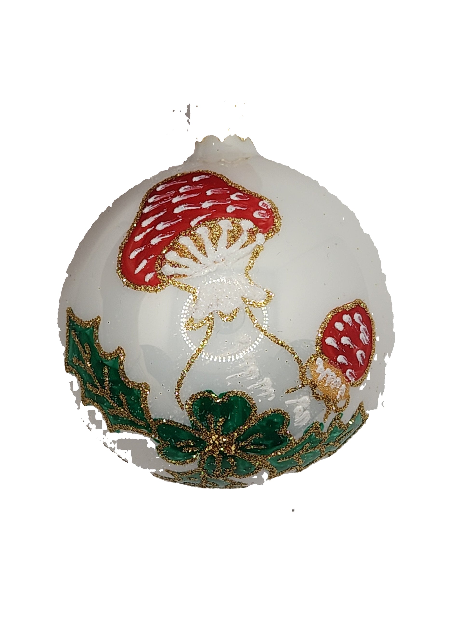 Decorative Christmas ornament with toadstool design against a light background