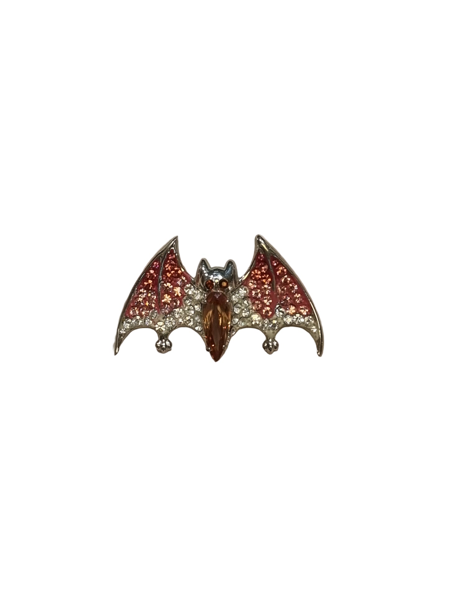 Bat-shaped brooch with pink and silver crystal wings 