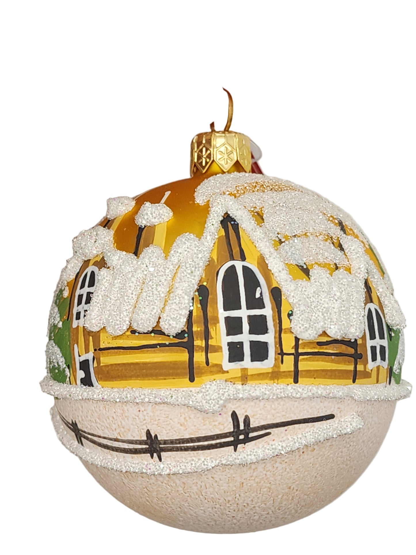 Decorative ornament shaped like a school bus with a hand holding it.