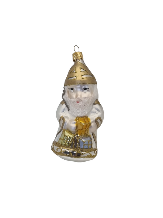 European Glass Christmas ornament of a Golden Santa Clause with Presents (F)