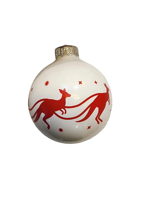 European Glass Christmas ornament of a Bauble | White with Santa's Sleigh & Kangaroos (I)